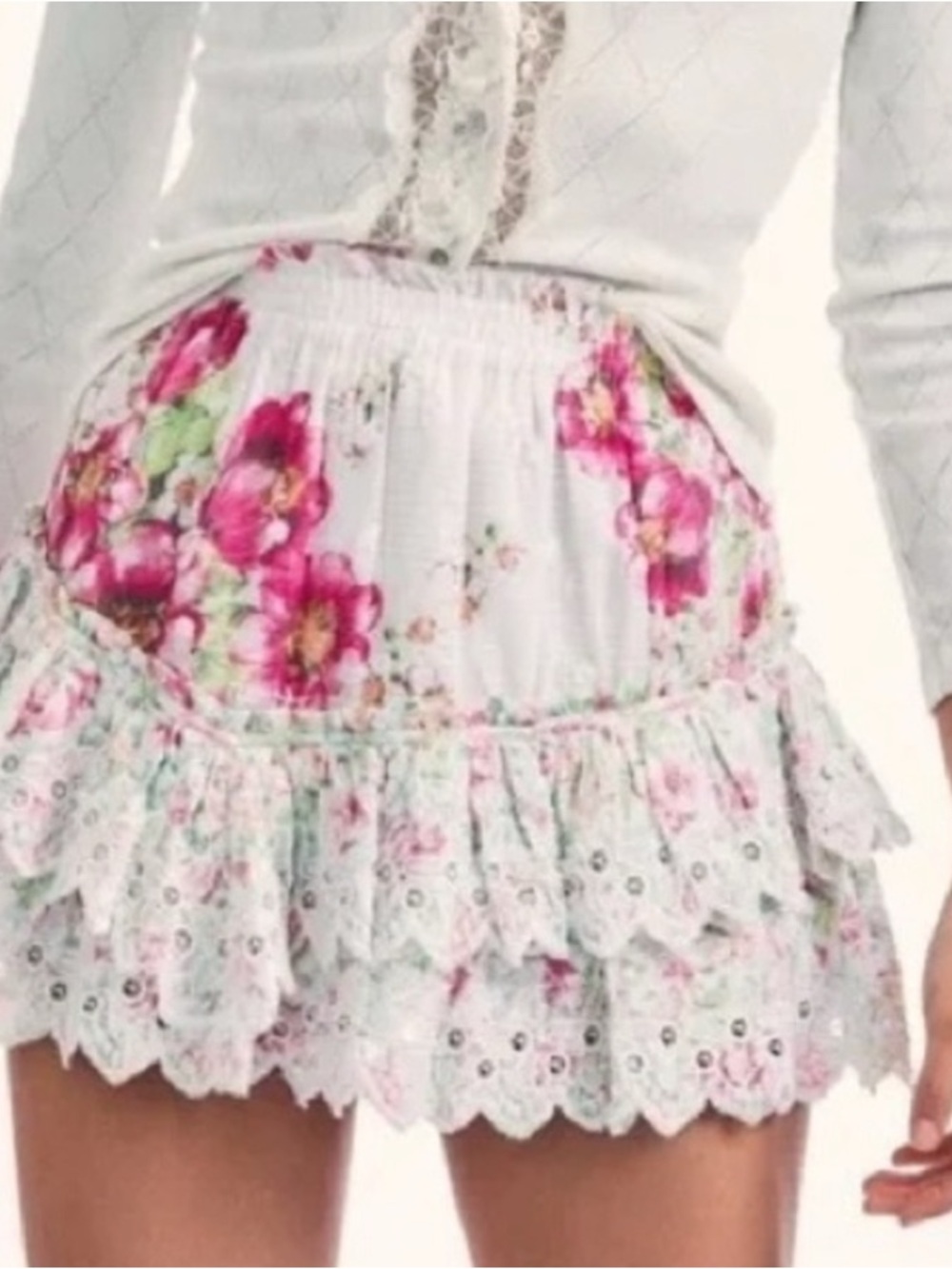 LoveShackFancy White Mini Skirt with Pink Floral Print